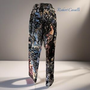Robert Cavalli Vintage Blue/Black Art Deco Print Size S Inseam 30 Rare Find!